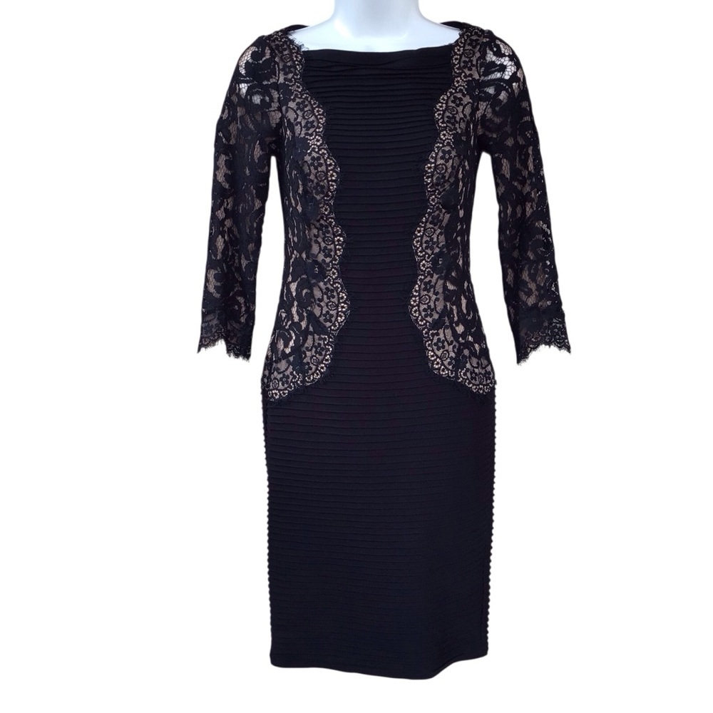 Tadashi Shoji Pintuck Jersey and Lace 3/4 Sleeve Dress in Black Nude $338 - Picture 4 of 9